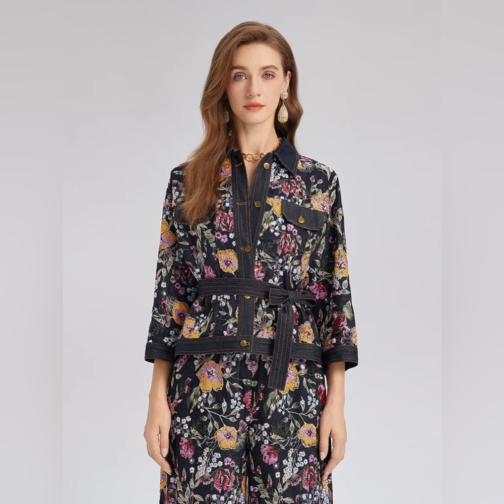 Rich radiq denim jacket
Sequin-Embroidered Floral Denim Jacket